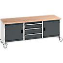 Bott Kastenwerkbank cubio, 4 Lenkrollen, 3 Schubladen, Buche-Massiv, B 2000 x T 750 x H 840 mm, anthrazit/lichtgrau
