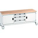 Bott Kastenwerkbank cubio, 4 Lenkrollen, 3 Schubladen, Buche-Massiv, B 2000 x T 750 x H 840 mm, lichtgrau/lichtgrau