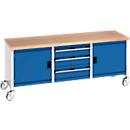 Bott Kastenwerkbank cubio, 4 Lenkrollen, 3 Schubladen, Buche-Multiplexplatte, B 2000 x T 750 x H 840 mm, enzianblau/lichtgrau