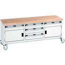 Bott Kastenwerkbank cubio, 5 Schubladen, Buche-Massiv, 4 Lenkrollen, B 2000 x T 750 x H 840 mm, lichtgrau/lichtgrau