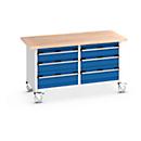 Bott Kastenwerkbank cubio, 6 Schubladen, 4 feststellabre Rollen, Buche-Massiv, B 1500 x T 750 x H 840 mm, enzianblau/lichtgrau
