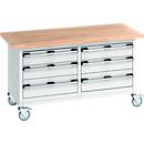 Bott Kastenwerkbank cubio, 6 Schubladen, 4 feststellabre Rollen, Buche-Massiv, B 1500 x T 750 x H 840 mm, lichtgrau/lichtgrau