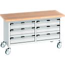 Bott Kastenwerkbank cubio, 6 Schubladen, 4 feststellabre Rollen, Buche-Multiplexplatte, B 1500 x T 750 x H 840 mm, lichtgrau/lichtgrau