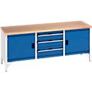 Bott Kastenwerkbank cubio, mit 3 Schubladen, Stahlgestell, Buche-Multiplexplatte, B 2000 x T 750 x H 840 mm, lichtgrau/enzianblau