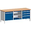 Bott Kastenwerkbank cubio, Stahlgestell, Arbeitsplatte Rotbuchenholz, B 2000 x T 750 x H 840 mm, enzianblau/lichtgrau