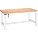 Bott Systemwerkbank cubio, manuell höhenverstellbar per Handkurbel, Buche-Multiplexplatte geölt, B 1500 x T 750 x H 1060 mm, 400 kg, lichtgrau RAL 7035