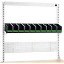 Bott verso A6 montageframeset, voor verso werkbank, bovenblad met sleuven, 10 bottBoxen, B 1350 x D 435 x H 1357 mm, plaatstaal, RAL 7035 lichtgrijs