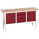 Bott verso box-type werkbank, met multiplex blad, 3 laden &amp; 2 deuren, B 1750 x D 600 x H 830 - 930 mm, RAL 7035 lichtgrijs / RAL 3004 paarsrood