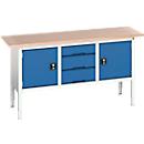 Bott verso box-type werkbank, met multiplex blad, 3 laden &amp; 2 deuren, B 1750 x D 600 x H 830 - 930 mm, RAL 7035 lichtgrijs / RAL 5010 gentiaanblauw