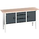 Bott verso box-type werkbank, met multiplex blad, 3 laden &amp; 2 deuren, B 1750 x D 600 x H 830 - 930 mm, RAL 7035 lichtgrijs / RAL 7016 antracietgrijs