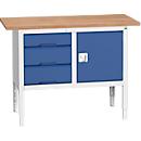 Bott verso box-type werkbank, multiplex blad, 3 laden &amp; 1 deur, B 1250 x D 600 x H 830 - 930 mm, RAL 7035 lichtgrijs / gentiaanblauw