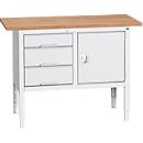 Bott verso box-type werkbank, multiplex blad, 3 laden &amp; 1 deur, B 1250 x D 600 x H 830 - 930 mm, RAL 7035 lichtgrijs