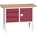 Bott verso box-type werkbank, multiplex blad, 3 laden &amp; 1 deur, B 1250 x D 600 x H 830 - 930 mm, RAL 7035 lichtgrijs / paarsrood