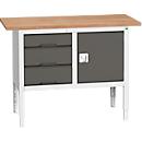 Bott verso box-type werkbank, multiplex legbord, 3 laden &amp; 1 deur, B 1250 x D 600 x H 830 - 930 mm, RAL 7035 lichtgrijs / antracietgrijs