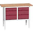 Bott verso box werkbank, multiplex legbord, 6 laden, B 1250 x D 600 x H 830 - 930 mm, RAL 7035 lichtgrijs / paarsrood