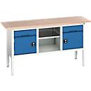 Bott verso werkbank in doosvorm, multiplexplaat, 2 laden, 1 legplank, 2 deuren, B 1750 x D 600 x H 830 - 930 mm, lichtgrijs / gentiaanblauw