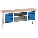 Bott verso werkbank in doosvorm, multiplexplaat, 2 laden, 2 deuren, 1 legplank, B 2000 x D 600 x H 830 - 930 mm, lichtgrijs / gentiaanblauw