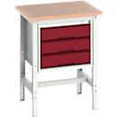 Bott verso werkbank, multiplex legbord, met dwarsverbinderset, 3 laden, B 700 x D 600 x H 780 - 930 mm, lichtgrijs/paarsrood