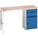 Bott verso werkbank onderbouw, multiplex legbord, 2 laden, 1 deur, 1 legbord, B 1500 x D 600 x H 930 mm, lichtgrijs / gentiaanblauw