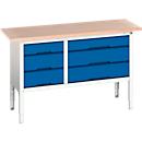 Bott verso werkbank, tot 600 kg, 6 laden, B 1500 x D 600 x H 830 - 930 mm, beuken multiplex, staal, lichtgrijs RAL 7035 / gentiaanblauw RAL 5010