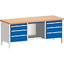 Bott Werkbänke Cubio, Rotbuchenholz-Arbeitsplatte, B 2000 x T 750 x H 840 mm, Tragkraft 1250 kg, enzianblau/lichtgrau