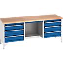 Bott werkbank, beuken multiplex blad, B 2000 x D 750 x H 840 mm, 6 laden, lichtgrijs/gentiaanblauw