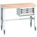 Bott Werkbank cubio, 4 Rollen, mit Hängeschrank, Buche-Massiv, B 1500 x T 750 mm, lichtgrau RAL 7035