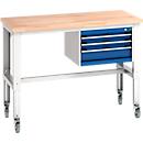Bott Werkbank cubio, 4 Rollen, mit Hängeschrank, Buche-Massivplatte, B 1500 x T 750 mm, enzianblau/lichtgrau