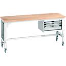 Bott Werkbank cubio, 4 Rollen, mit Hängeschrank, Buche-Massivplatte, B 2000 x T 750 mm, lichtgrau RAL 7035, 300 kg Tragkraft
