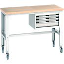 Bott Werkbank cubio, 4 Rollen, mit Hängeschrank, Buche-Multiplexplatte, B 1500 x T 750 mm, lichtgrau RAL 7035