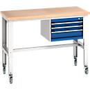 Bott Werkbank cubio, 4 Rollen, mit Hängeschrank, Buche-Multiplexplatte, B 1500 x T 750 mm, Stahlblech, enzianblau/lichtgrau