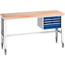 Bott Werkbank cubio, 4 Rollen, mit Hängeschrank, Buche-Multiplexplatte, B 2000 x T 750 mm, Stahlblech, enzianblau/lichtgrau