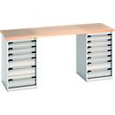 Bott Werkbank Cubio, Buche-Multiplexplatte 40 mm, B 2000 x T 750 x H 940 mm, Stahl, 13 Schubladen, Buche/enzianblau RAL 5010/lichtgrau RAL 7035