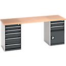 Bott Werkbank Cubio, Buche-Multiplexplatte, B 2000 x T 750 x H 940 mm, bis 1500 kg, Stahl, 7 Schubladen. lichtgrau/anthrazitgrau RAL 7035/7016