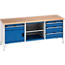 Bott Werkbank cubio Kastenwerkbank mit 4 Schubladen, Buche-Multiplexplatte, B 2000 x T 750 x H 840 mm, enzianblau RAL 5010/lichtgrau RAL 7035