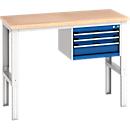 Bott Werkbank cubio, manuell höhenverstellbar 740–1140 mm, Buche-Multiplexplatte, B 1500 mm, Tragkraft 800 kg, Stahlgestell, 3 Schubladen