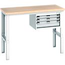 Bott Werkbank cubio, manuell höhenverstellbar, Buche-Multiplexplatte, B 1500 x H 740-1140 mm, bis 800 kg, lichtgrau RAL 7035, 3 Schubladen