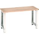 Bott Werkbank cubio, manuell höhenverstellbar, Buche-Multiplexplatte, B 1500 x T 750 x H 740–1140 mm, bis 800 kg, lichtgrau/enzianblau