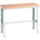 Bott Werkbank cubio, manuell höhenverstellbar, Buche-Multiplexplatte, B 1500 x T 750 x H 740–1140 mm, bis 800 kg, lichtgrau RAL 7035