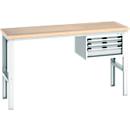 Bott Werkbank cubio, manuell höhenverstellbar, Buche-Multiplexplatte, B 2000 x H 740-1140 mm, bis 600 kg, Stahlgestell, lichtgrau RAL 7035, 3 Schubladen