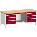 Bott Werkbank Cubio, massive Rotbuche-Arbeitsplatte, B 2000 x T 750 x H 840 mm, Tragkraft 1250 kg, purpurrot/lichtgrau