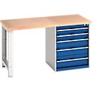 Bott Werkbank cubio, mit Schubladenschrank, Buche-Multiplexplatte, B 1500 x T 750 x H 840 mm, bis 1200 kg, Stahl, lichtgrau/enzianblau