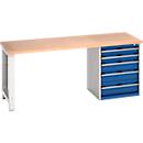 Bott Werkbank cubio, mit Schubladenschrank, Buche-Multiplexplatte, B 2000 x T 750 x H 840 mm, Tragkraft 700 kg, lichtgrau/enzianblau