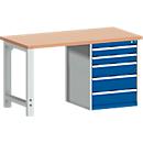 Bott Werkbank cubio, mit Schubladenschrank, Rotbuchenholz, B 1500 x T 750 x H 840 mm, enzianblau RAL 5010/lichtgrau RAL 7035, 1200 kg Tragkraft