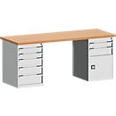 Bott Werkbank Cubio, Rotbuchenholz-Arbeitsplatte 40 mm, Stahlgestell, B 2000 x T 750 x H 840 mm, bis 1200 kg, 7 Schubladen, lichtgrau RAL 7035