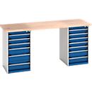 Bott Werkbank Cubio, Stahlgestell/Stahlkorpus, B 2000 x T 750 x H 940 mm, Arbeitsplatte Buchenholz, 13 Schubladen, abschließbar, lichtgrau/enzianblau