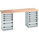 Bott Werkbank, Stahl, B 2000 x T 750 x H 940 mm, Tragkraft 1200 kg, Arbeitsplatte Buchenholz, 13 Schubladen, lichtgrau RAL 7035/Buche