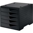 Box à tiroirs styro® styroswing, 5 tiroirs, blocage de l'extraction &amp; poignée encastrée, empilable, L 270 x P 340 x H 255 mm, polystyrène, noir-noir