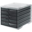 Box à tiroirs styro® styroswing light, 5 tiroirs, blocage de l'extraction &amp; poignée encastrée, empilable, L 270 x P 340 x H 255 mm, polystyrène, transparent-anthracite
