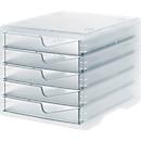 Box à tiroirs styro® styroswing light, 5 tiroirs, blocage de l'extraction &amp; poignée encastrée, empilable, L 270 x P 340 x H 255 mm, polystyrène, transparent-transparent